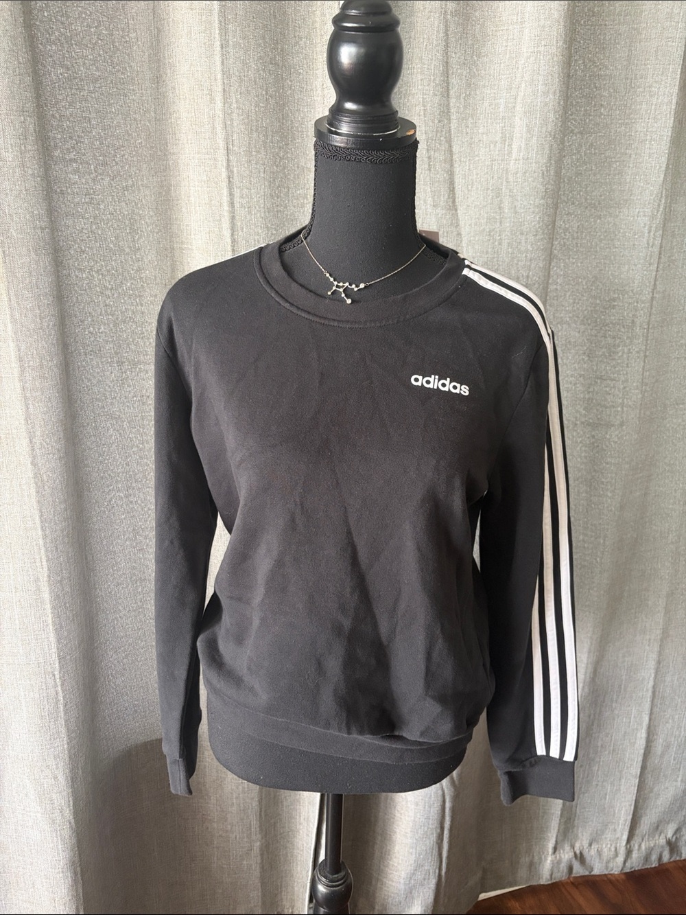 adidas Black Crewneck with White Sleeve Stripes and Chest Logo